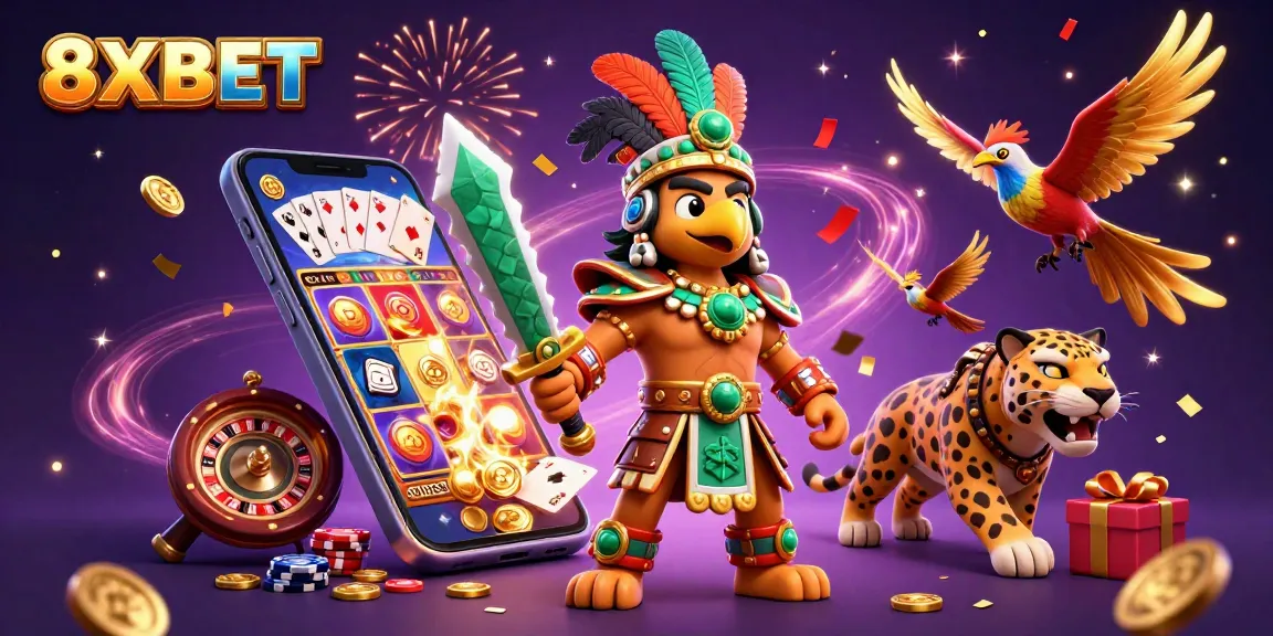 Engage in thrilling gameplay with 8XBET's vibrant 3D illustration featuring enchanting characters and dynamic casino elements.