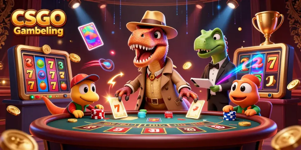 CSGO Gambling illustrated scene with a velociraptor card counter at a blackjack table amid gambling elements.