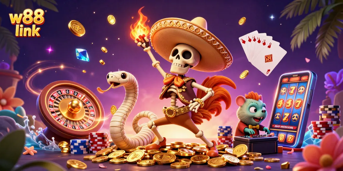 Experience exhilarating wins with w88 link showcasing vibrant casino-themed excitement in this lively illustration.