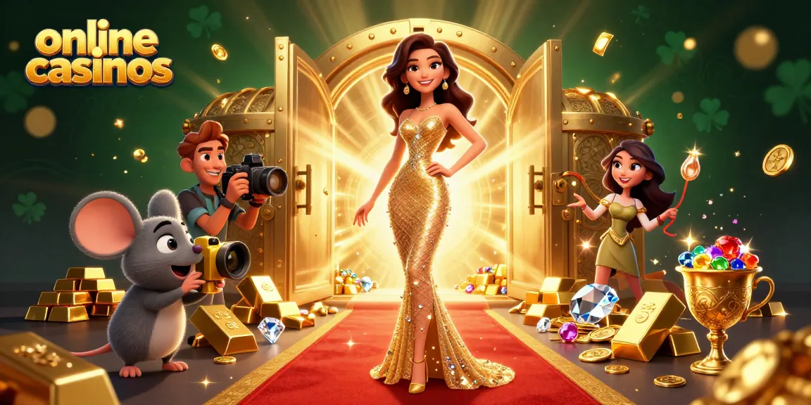 Experience excitement at online casinos with a glamorous woman and a paparazzi mouse capturing the moment.