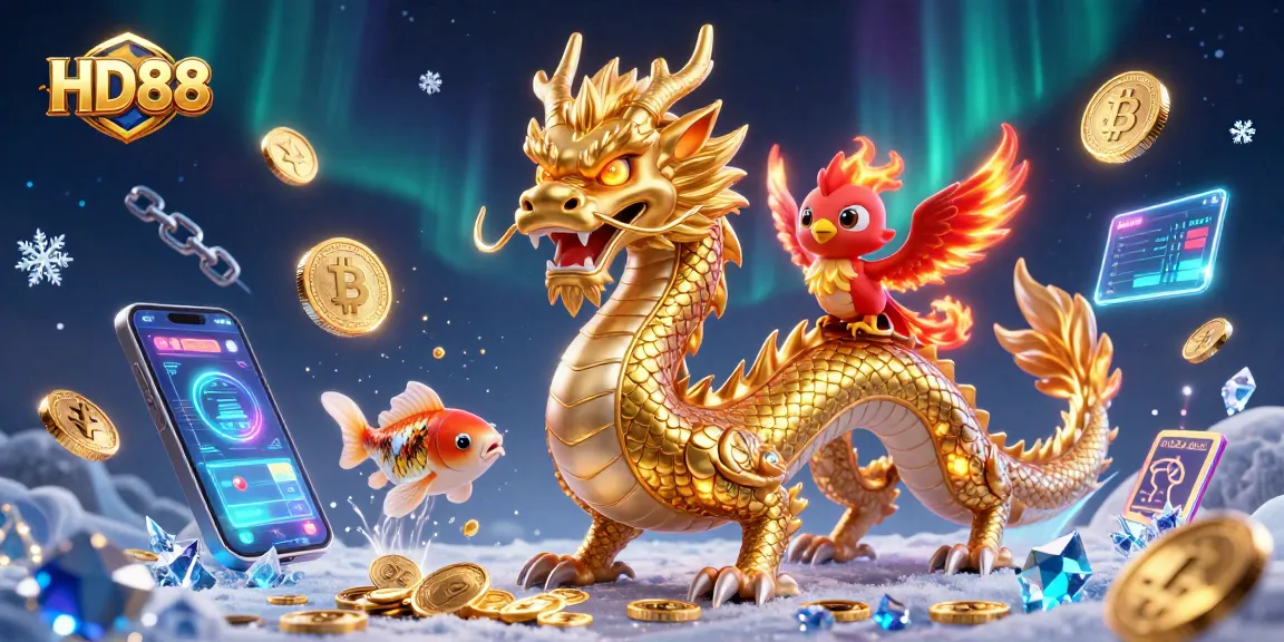 Engage with HD88 at a vibrant casino, featuring a golden dragon, phoenix, and koi fish amidst digital coins.
