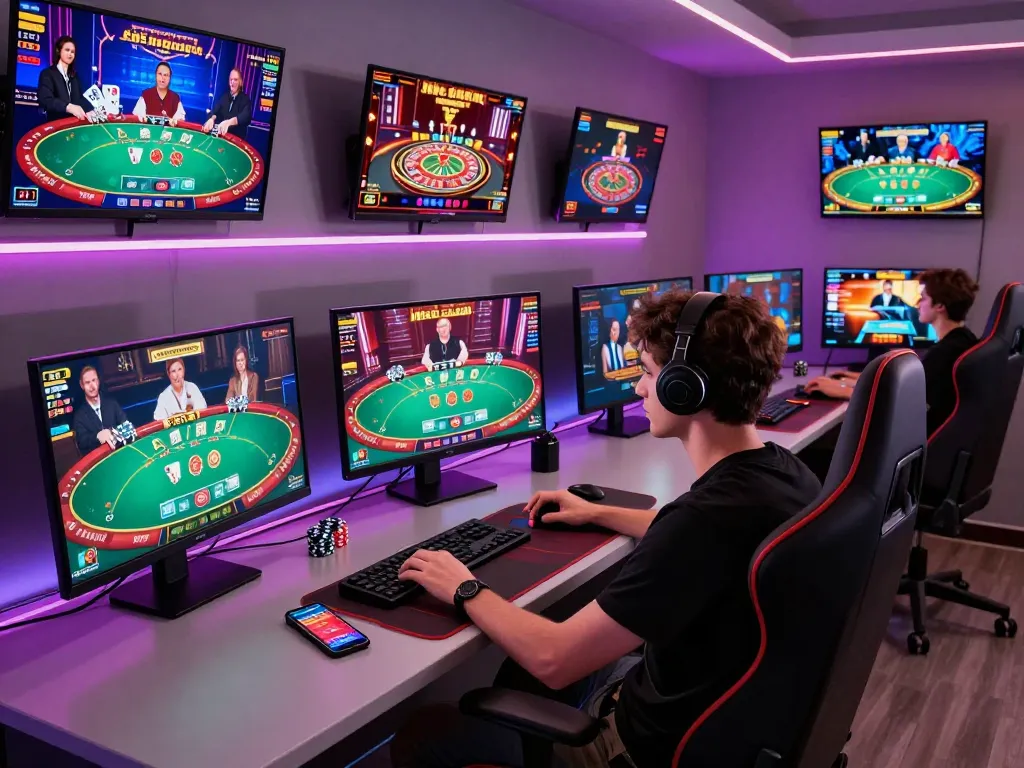 A focused online gamer engaging with 33winf on multiple screens, showcasing dynamic casino gameplay.