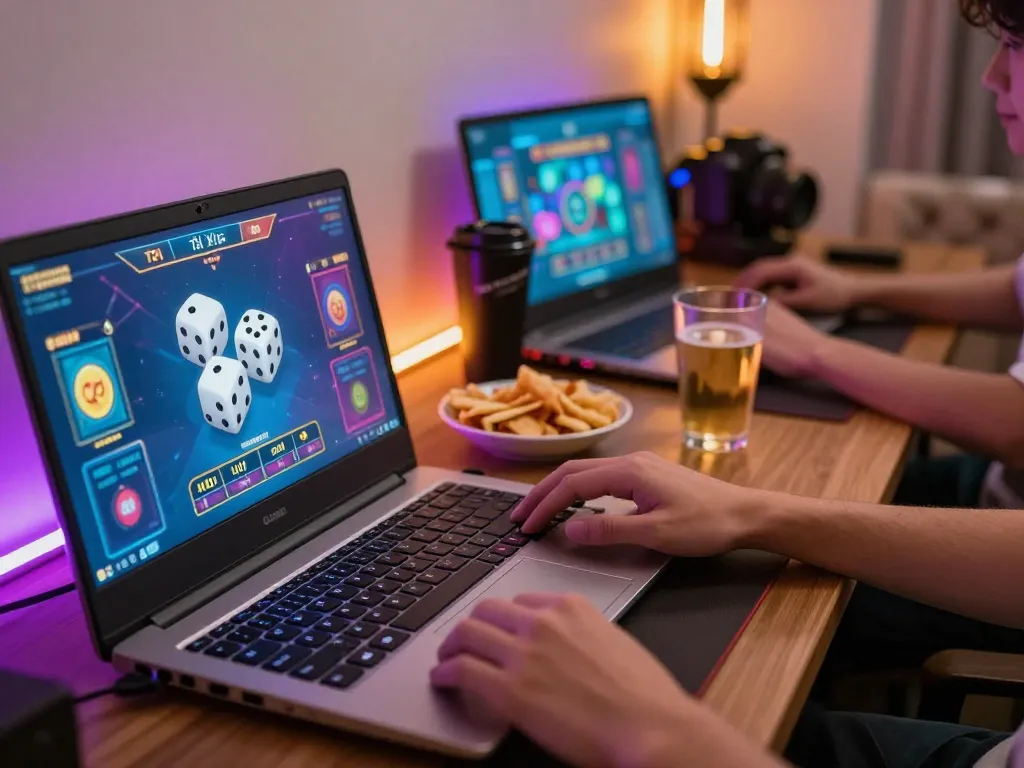 Engaging in Tài Xỉu Online with vibrant interface, snacks, and ambient lighting for a casual gaming session