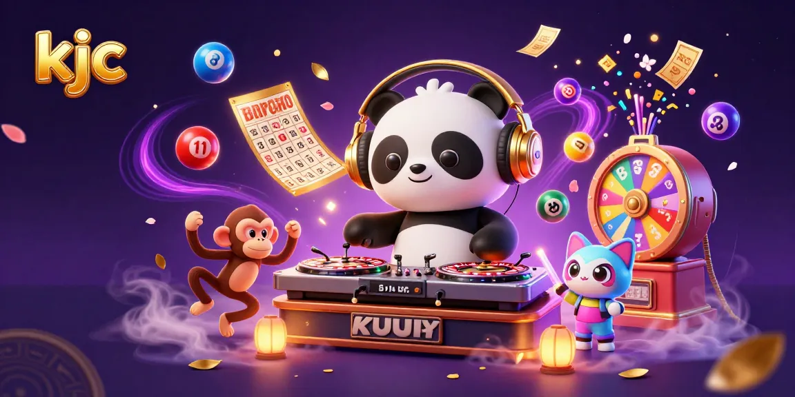 Experience thrilling casino fun at kjc with a lively DJ panda, dancing monkey, and colorful lottery elements.