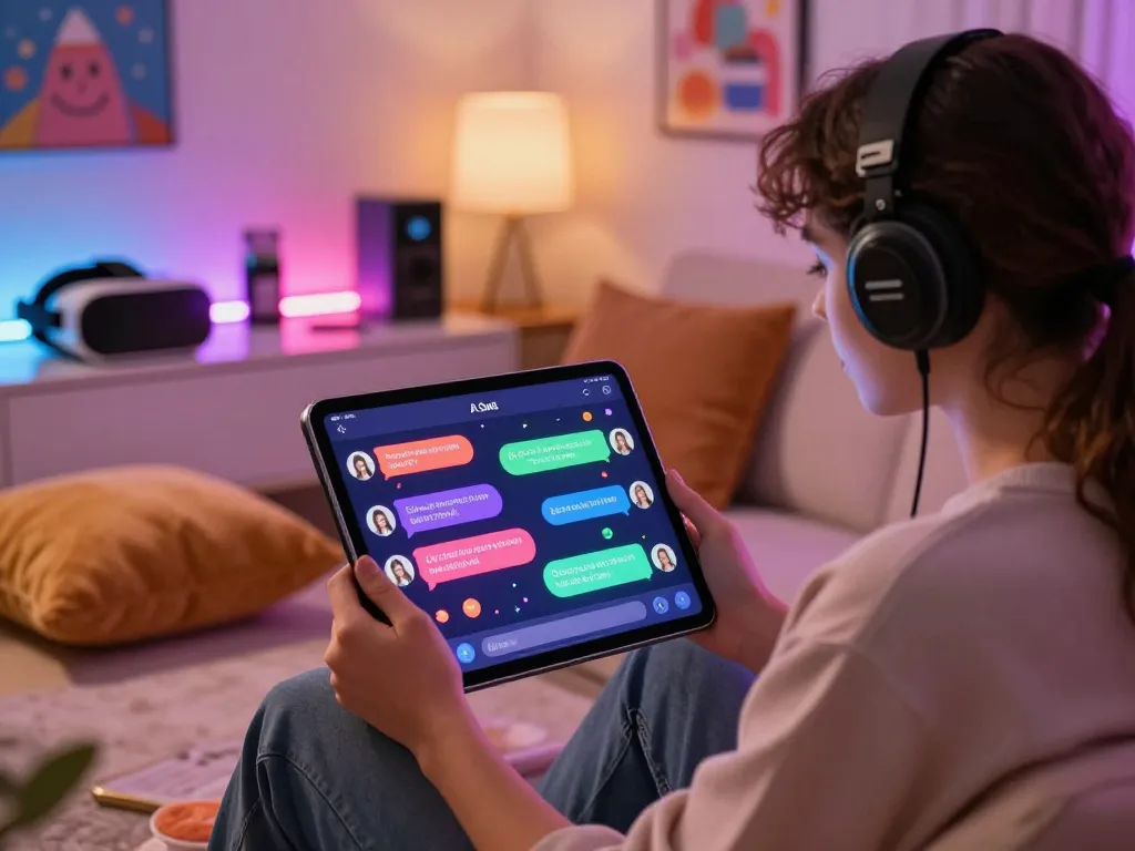 Engaging ai sex chat experience on a tablet in a cozy digital interaction room.