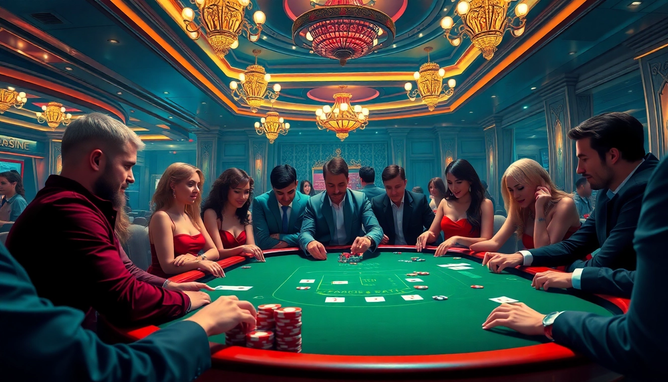 Permainan poker yang mendebarkan dengan xgslot88 dan pemain yang terlibat dalam suasana casino yang mewah.