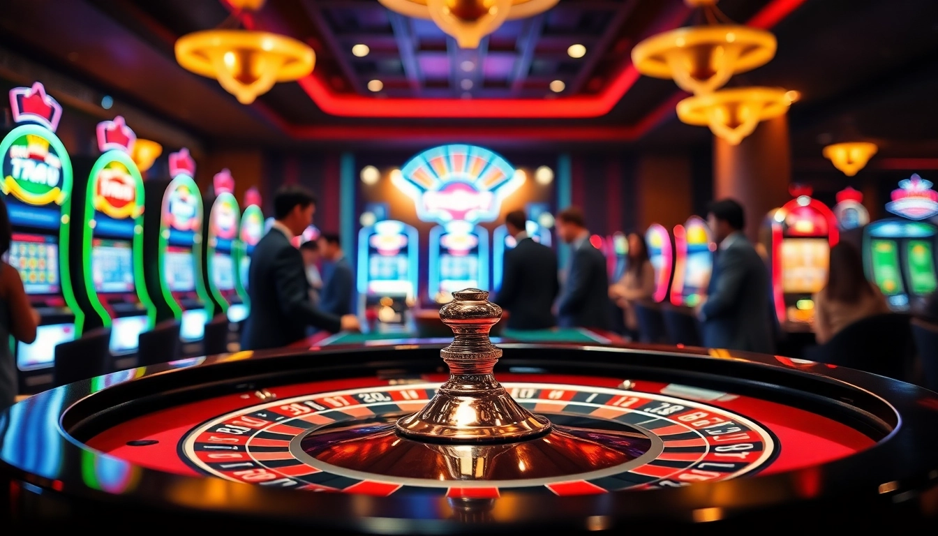 Permainan kasino bbni4d yang penuh semangat dengan pemain berpartisipasi di meja roulette.