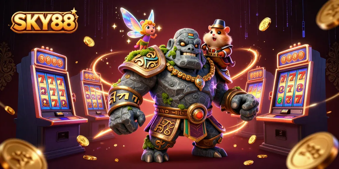 Engaging 3D illustration representing the excitement of SKY88 casino with dynamic slot elements and animated characters.