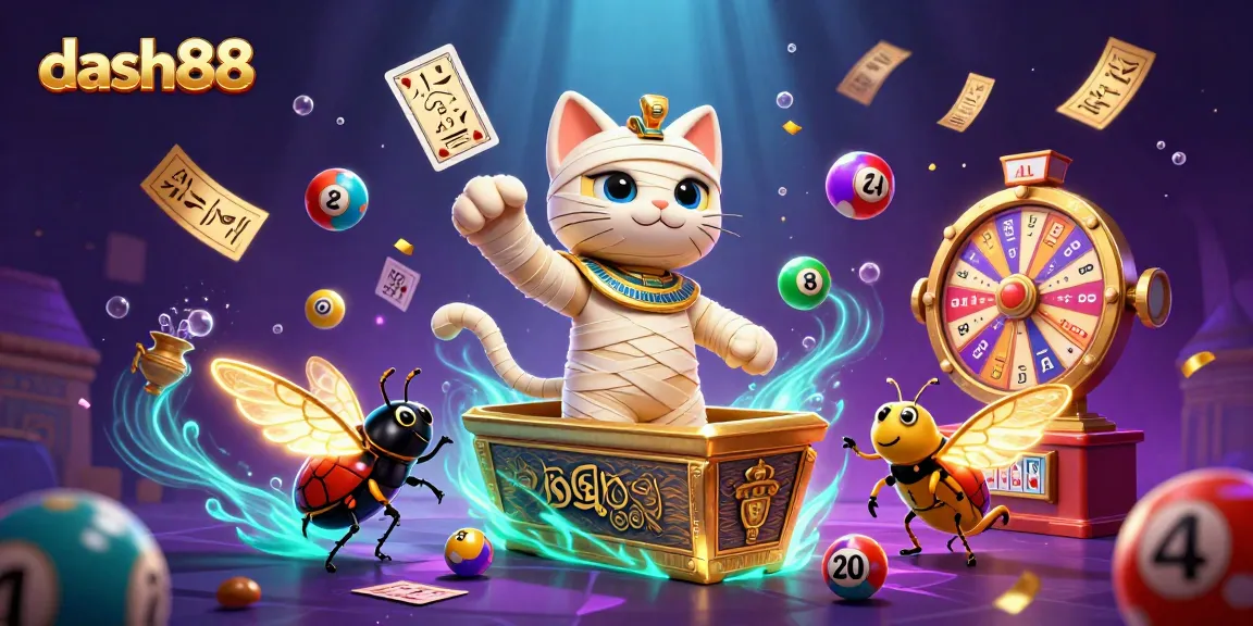 Experience thrilling gaming with dash88 in an ultra-detailed 3D casino scene featuring a mummy cat.