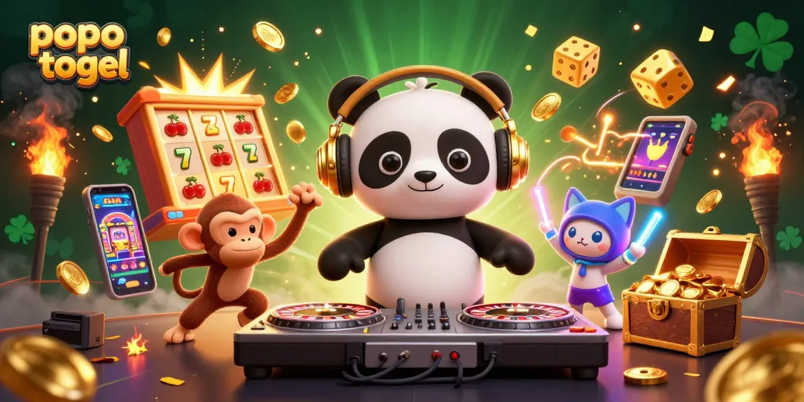 Join the fun at popo togel with DJ panda, breakdancing monkey, and glow-stick kitten in a vibrant casino scene!