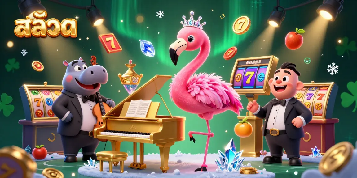Play สล็อต at an exciting 3D casino scene featuring vibrant characters, slot reels, and dynamic game elements.