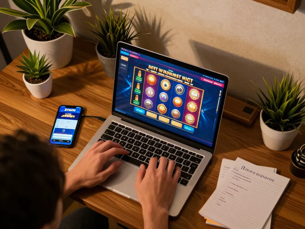 Engaging user playing 32win online casino gaming at home with a vibrant setup.