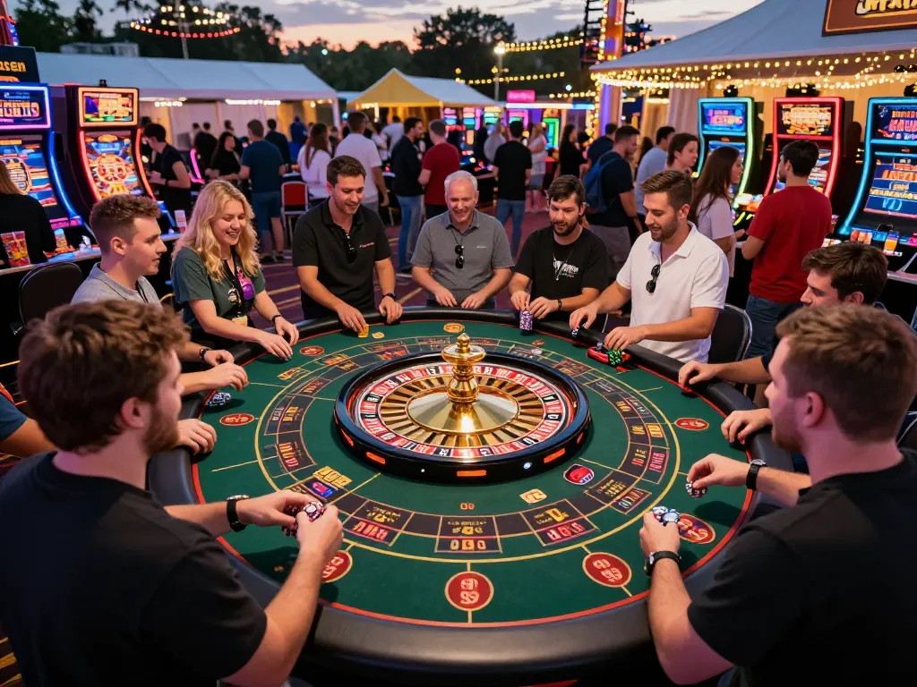 Players enjoying various games at a lively casino festival, showcasing the excitement of winstrike69 gaming atmosphere.