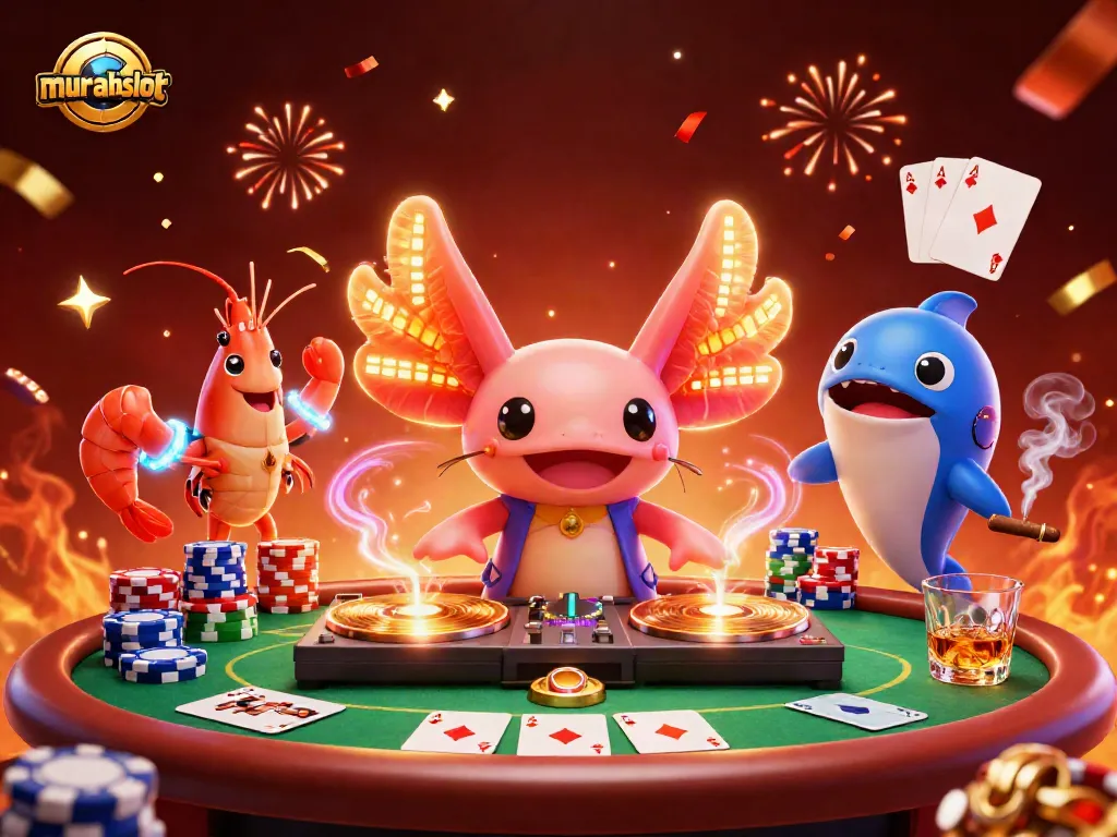 Menangkan jackpot besar di Murahslot dengan DJ axolotl neon dan suasana kasino meriah.