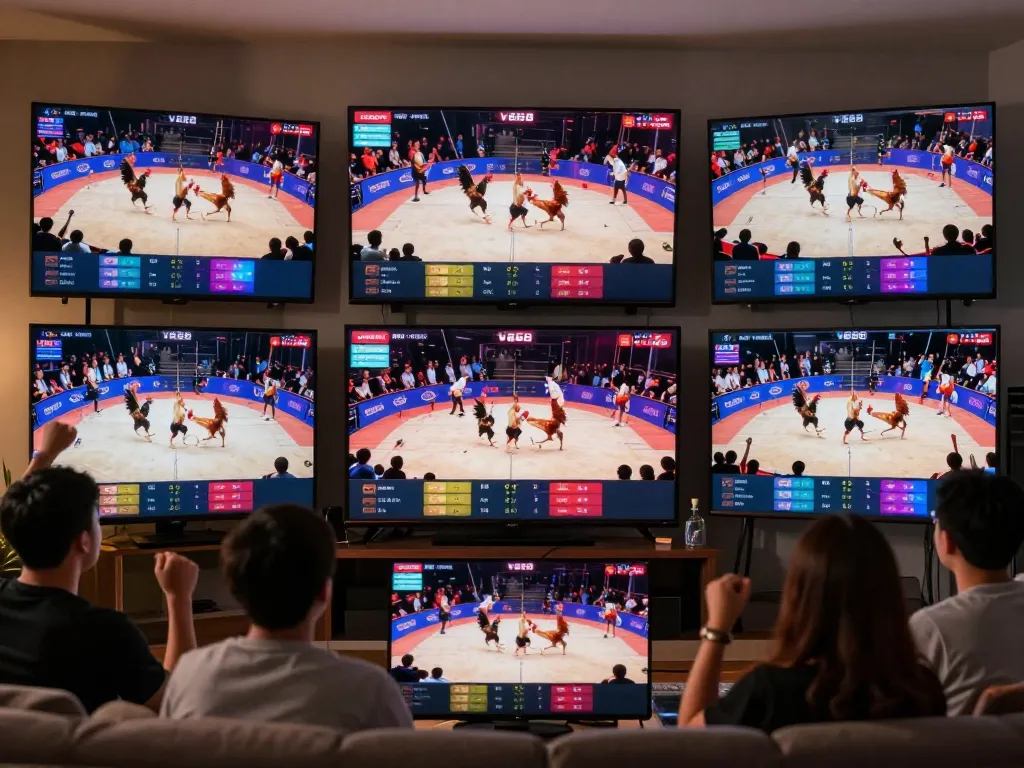 Viewers engaged in intense live cockfighting matches on V888 platform with HD quality and dynamic interactions.