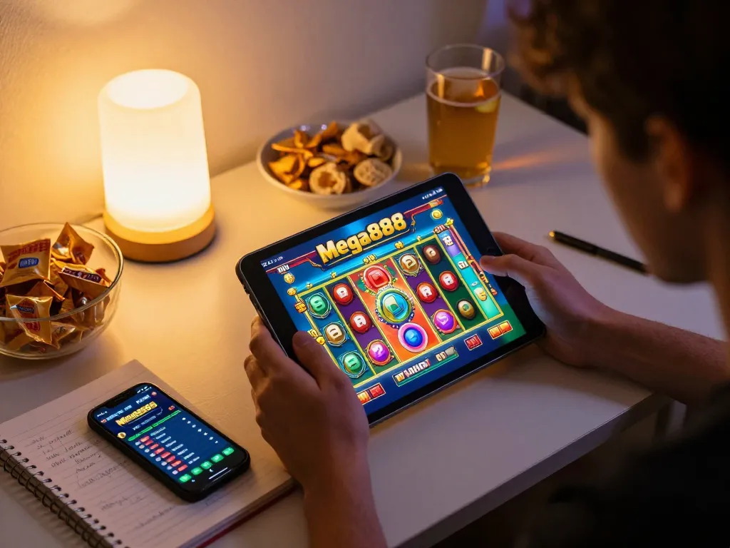 Engaging online gambling moment with Mega888 free credit displayed on tablet screen.