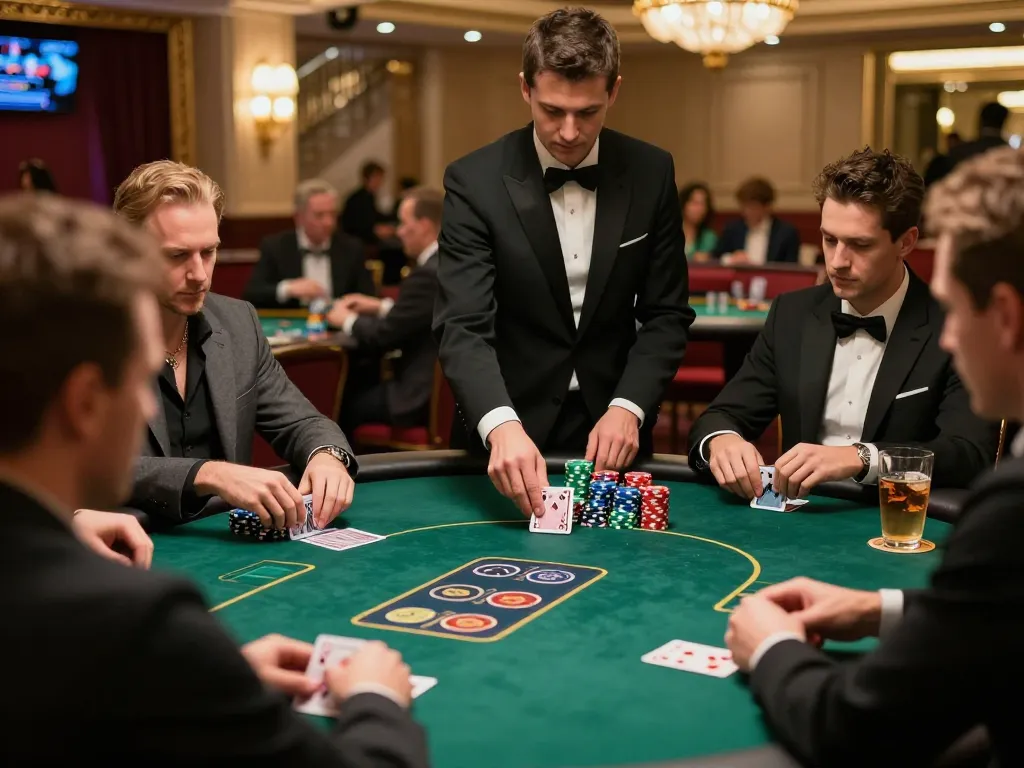 Engaging players at a poker table during an exciting mpoid game in a bustling casino