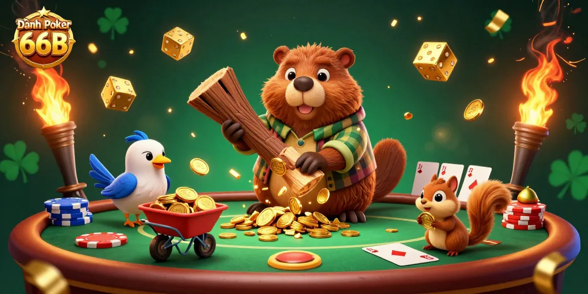 Engage in Đánh Poker 66B with thrilling poker tables, chips, and gold coins raining from above.
