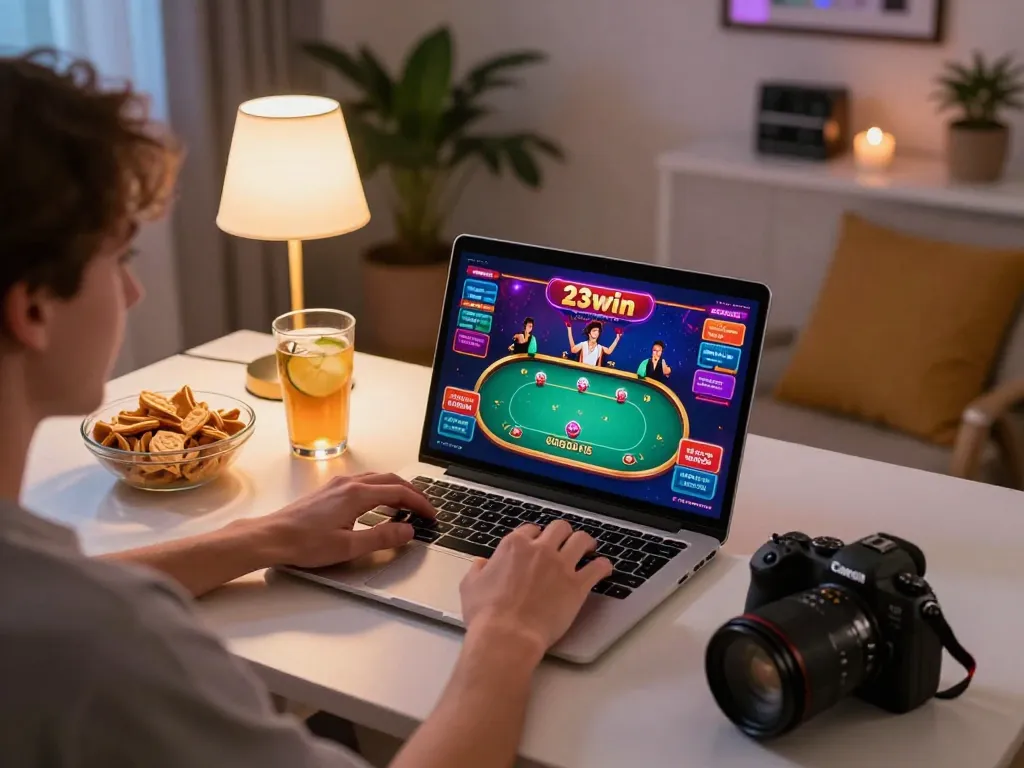 An engaged player enjoying a game of poker at the 23win online casino on a laptop, with vibrant game graphics in view.
