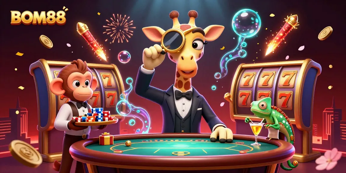 BOM88 showcases a thrilling casino environment with a high-roller giraffe, vibrant games, and exciting visuals.