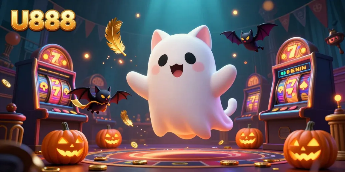 Engage with U888's vibrant casino atmosphere featuring a ghost cat, bat companion, and glowing jack-o-lanterns.