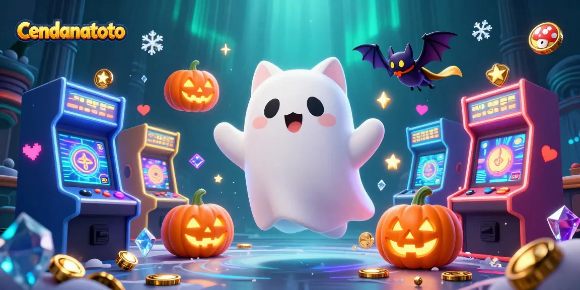 Cendanatoto character illustration showcasing a ghost cat with a bat in a haunted casino environment.