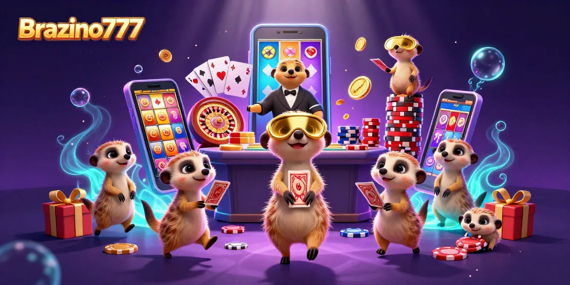 Brazino777 features spirited meerkats operating a vibrant casino, showcasing excitement and engaging gameplay.