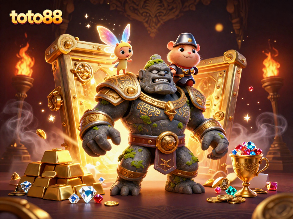 Exciting scene with toto88 characters revealing treasures, showcasing casino elements and magic