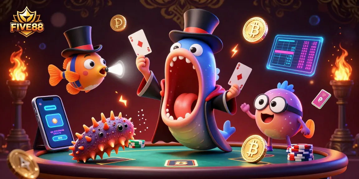 FIVE88 casino featuring dynamic characters in a vibrant gambling-themed scene, highlighting excitement with poker elements.