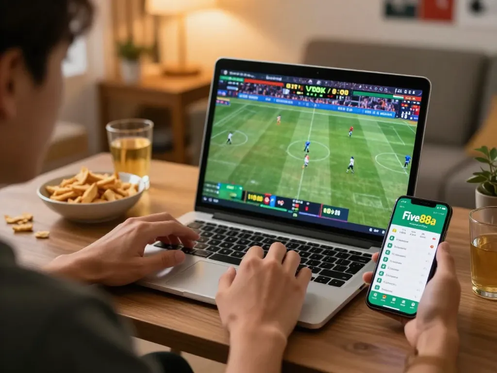 Engaging sports betting experience on five88a app from a cozy home setup with exciting live sports footage.