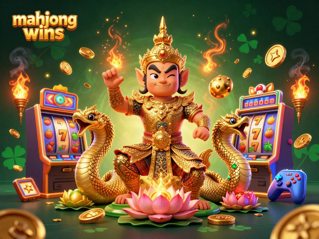 Engage with mahjong wins in a vibrant 3D casino scene featuring mythical guardians and gaming excitement.