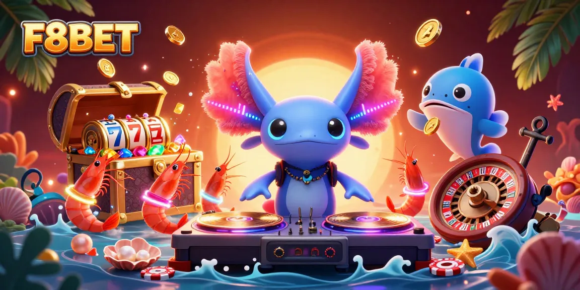 Experience F8BET's vibrant casino scene with neon axolotl DJ, floating slots, and roulette wheels.