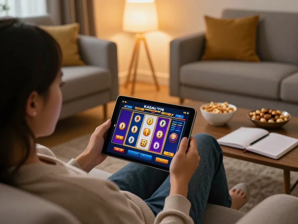 KADAL778 player enjoying an exciting online slot game in a cozy living room.
