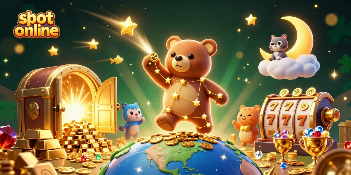 Menghadapi slot online dengan keberuntungan dan kemenangan dalam ilustrasi 3D yang penuh warna.