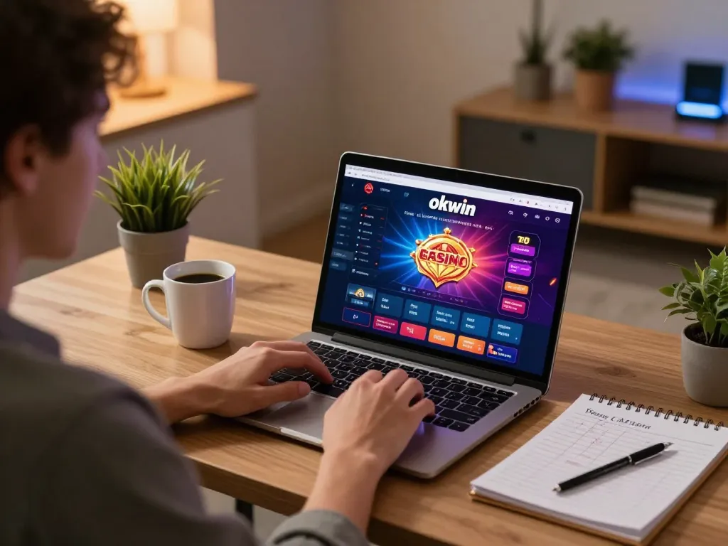 Player engaging with okwin online casino platform on laptop in a cozy home office setup.