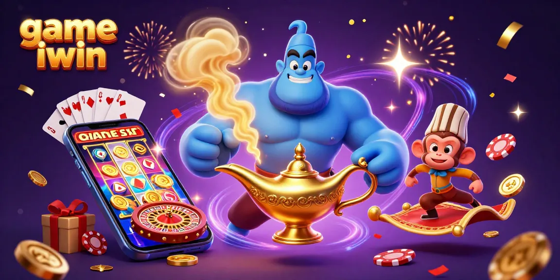Engage with the game iwin experience featuring a genie, monkey, and magic carpet among vibrant casino elements.