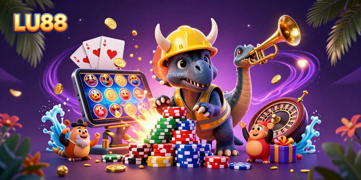 LU88 triceratops building poker chip pyramid amidst vibrant casino-themed celebration scene