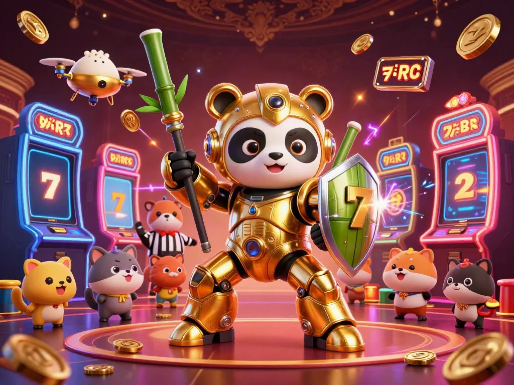 Menghasilkan kemenangan di situs slot yang menyenangkan dengan panda emas mech-suit dan robot pertarungan di arena kasino.