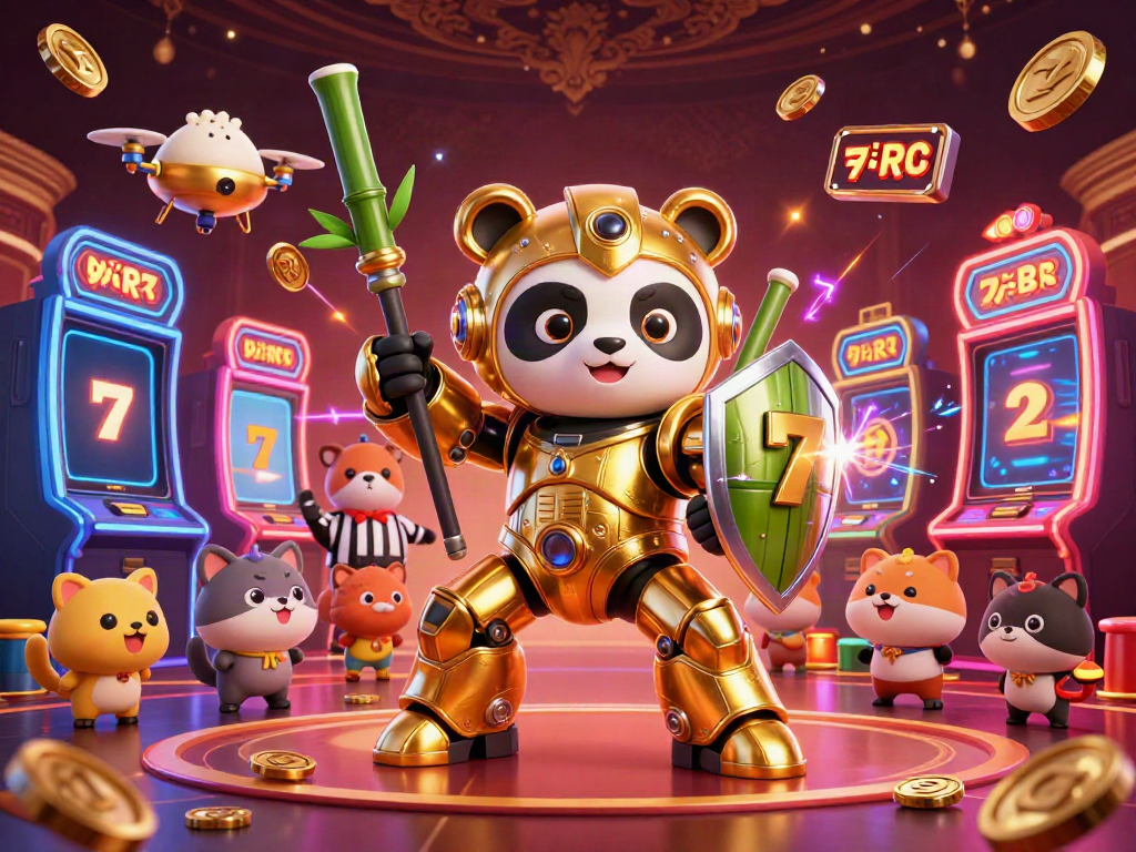 Menghasilkan kemenangan di situs slot yang menyenangkan dengan panda emas mech-suit dan robot pertarungan di arena kasino.