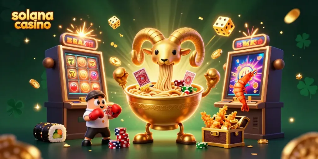 Experience the excitement of a solana casino with vibrant 3D characters, slot machines, and jackpots bursting mid-action.