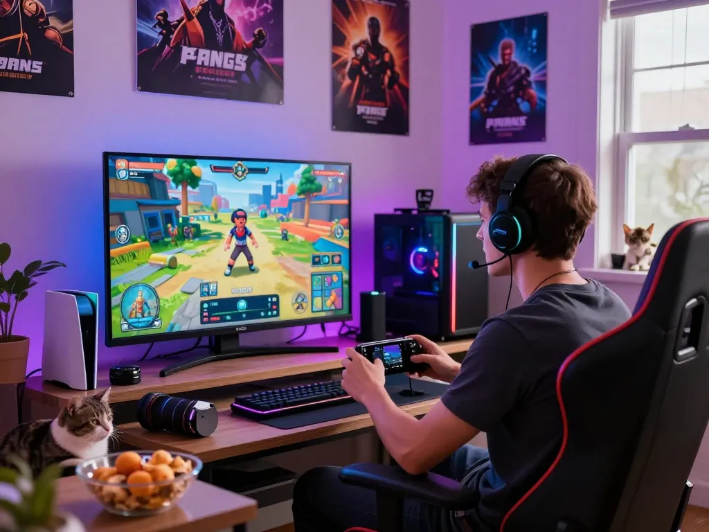 Young man immersed in exciting porngames in a vibrant gaming room.