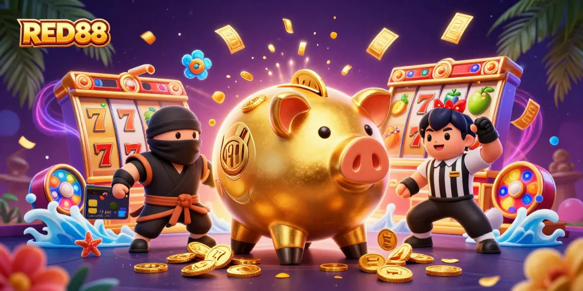 Engage in exciting gameplay at RED88 with a sumo wrestler piggy bank character surrounded by vibrant slot elements.
