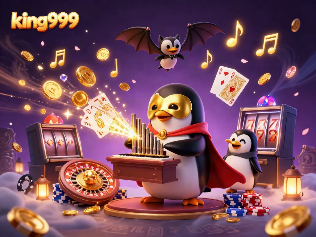 Permainan slot king999 dengan karakter penguin bernama opera dan koin emas yang mengalir.