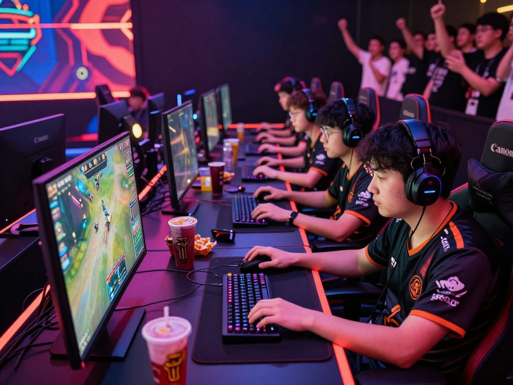 Intense fair online gaming tournament with competitive gamers and cheering fans.