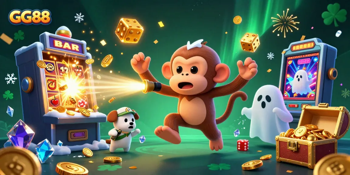 Experience excitement at GG88 as a poltergeist monkey juggles coins and cards in an enchanting casino scene.