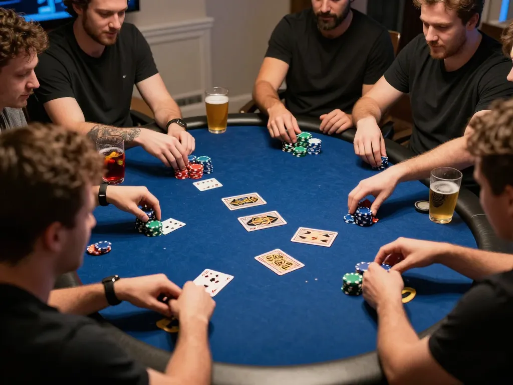 SC88 poker night with friends enjoying Texas Hold'em and colorful stacks of chips.