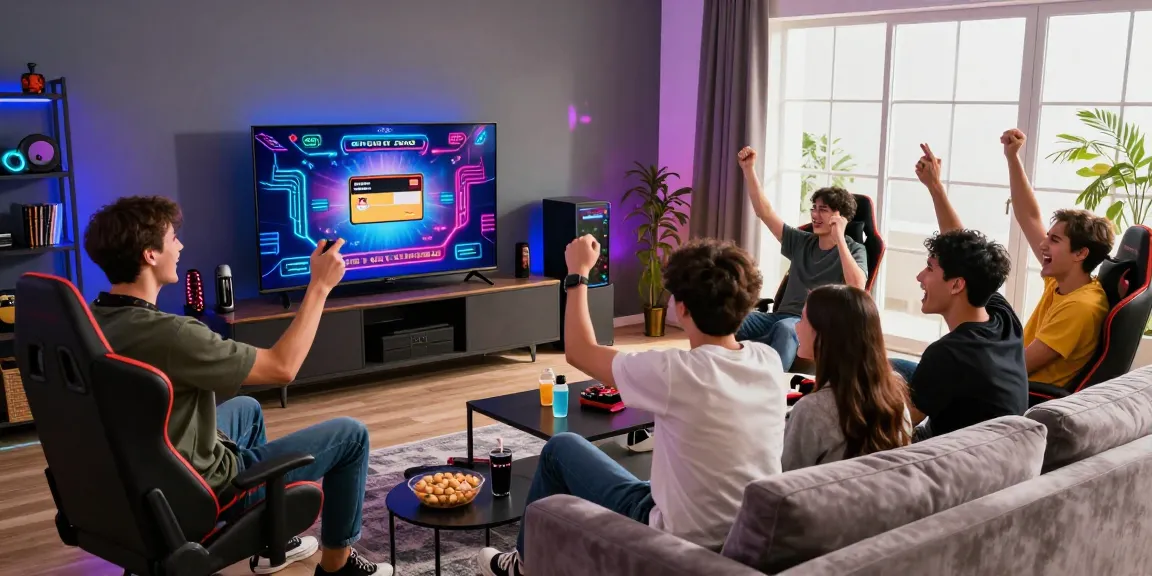 Friends enjoying gaming at credit card casinos in a vibrant living room.