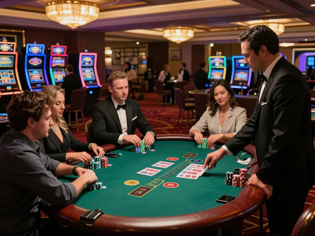 Players engage in a heart-pounding blackjack game at an upscale table in a vibrant casino, emphasizing the excitement of 11-hd.