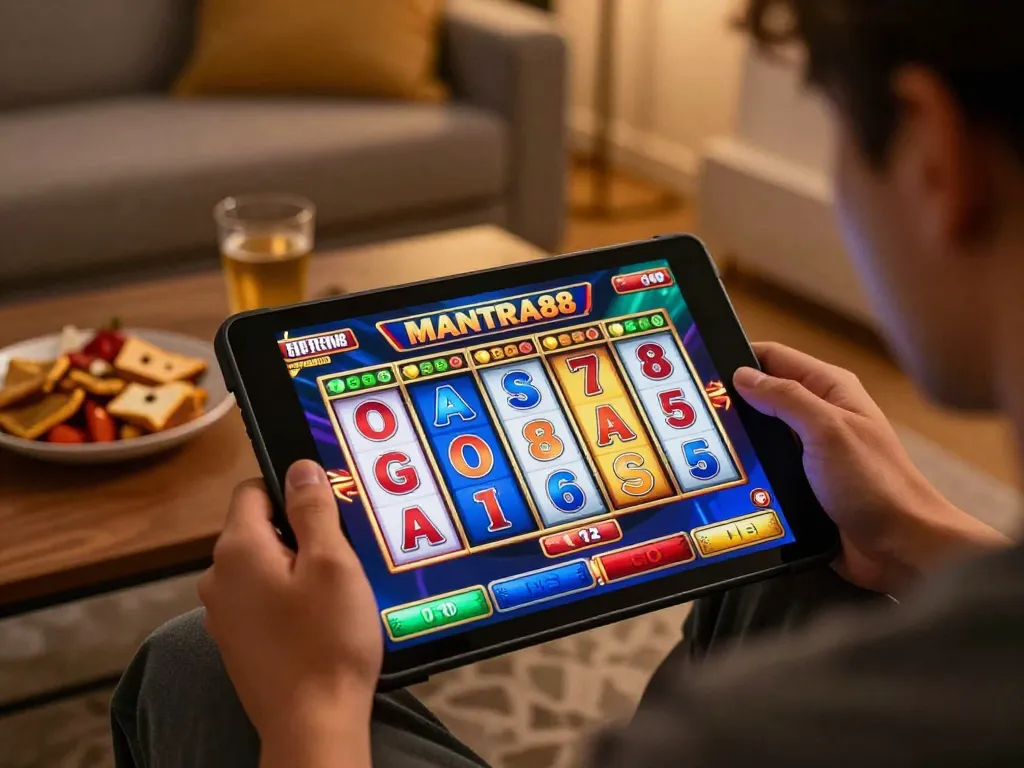 Player enjoying MANTRA88 slots on tablet in cozy home setting, showcasing excitement of online gambling