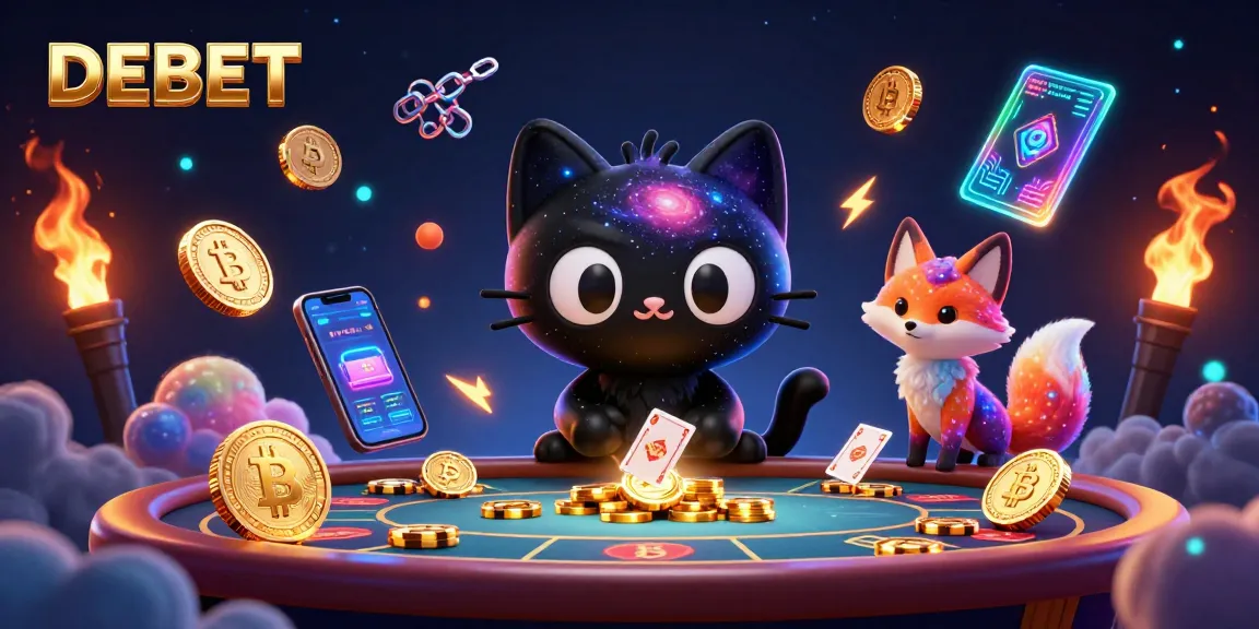 Engage with DEBET as the black hole cat charms golden chips and crypto coins in a cosmic casino.